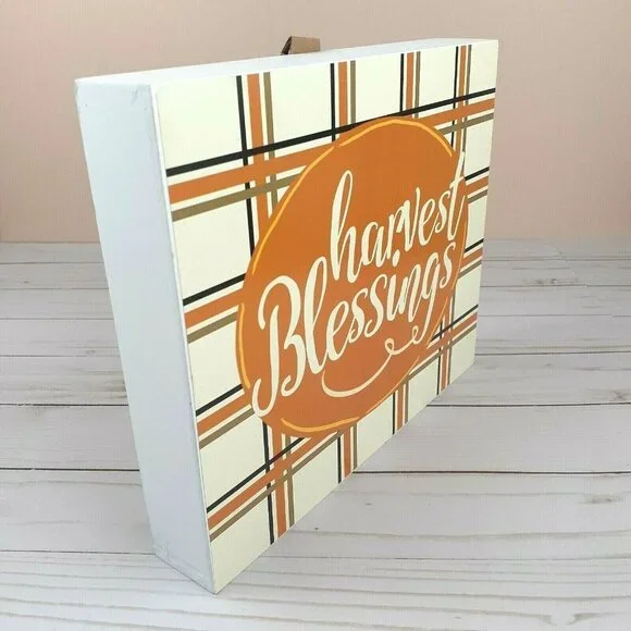 Box Sign Shelf Sitter Fall Plaid Harvest Blessings Wall Hanger - Picture 3 of 3